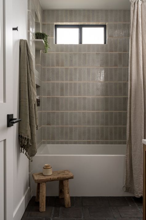 Project Hilltop Haven — TERRAMAR INTERIORS Modern Organic Guest Bathroom, Bathroom Tile Shower Ideas, Modern Brownstone, Wood Look Tile Bathroom, Transitional Master Bath, Kids Bathroom Ideas, Bathroom Rehab, White Tile Shower Ideas, Children Bathroom