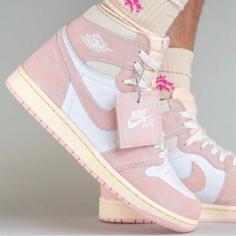 Velvet Jordan 1, Shoes For School Nike, Cute Jordan Shoes, Nike Shoes Women Custom, Light Pink Quince Shoes, Washed Pink 1s Outfit, Cute Nike Shoes Pink, Trendy Shoes Sneakers Street Styles, Pink Air Jordans