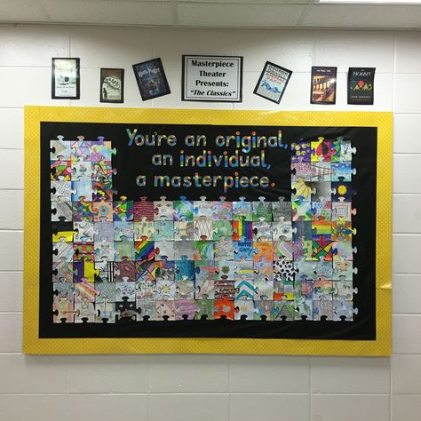 Class Puzzle Pieces Bulletin Boards, Puzzle Club Ideas, Puzzle Bulletin Board Ideas, Puzzle Piece Bulletin Board, Puzzle Art Project, Puzzle Bulletin Boards, Puzzle Pieces Quotes, Collaborative Mural, Art Bulletin Boards