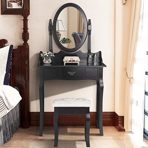 Small Vanity Ideas Bedroom, Wood Makeup Table, Black Dressing Tables, Restoration Hardware Dining, Graffiti Ideas, Small Grey Bedroom, Mid Century Office Chair, Hanging Chair From Ceiling, Makeup Dressing Table