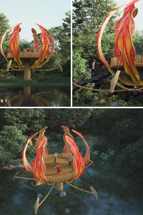 Almost identically mimicking the Fire Lily (Gloriosa Lily) with its unique shape and upturned petals, Thilina Liyanage’s Wetland Observation Deck really makes nature larger-than-life. The deck, accessible via a flight of stairs, can accommodate small groups of up to 6-8 people, giving them enough space to mingle around and view the wetlands. The Wetland Observatory Deck makes use of wood in Liyanage’s signature style. Read More. Viewing Deck Architecture, Fire Architecture, Landscape Architecture Presentation, Viewing Deck, Gloriosa Lily, Fire Lily, Timber Cabin, Shell House, Wind Art