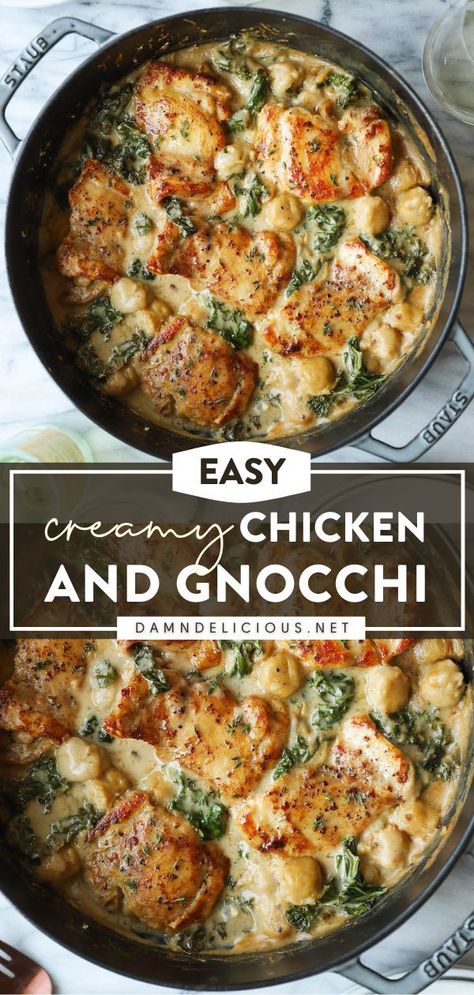 Mar 11, 2021 - Creamy Chicken and Gnocchi - Soft-pillowy gnocchi, a garlicky cream sauce, tender, juicy chicken thighs, and sneaked-in kale? Yes, 1,000% yes. Cook Dinner Aesthetic, 10 Minute Healthy Dinners, Fancy Healthy Meals, Healthy Supper Ideas For Picky Eaters, Simple Fancy Dinner, Complete Dinner Ideas, Recipes For Get Togethers, Baked Dishes For Dinner Healthy, English Cooking Recipes