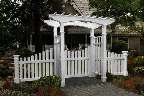 Garden Arbor With Gate, New England Arbors, White Pergola, Vinyl Pergola, Arbors Trellis, Cheap Pergola, Pergola Swing, White Fence, Pergola Lighting