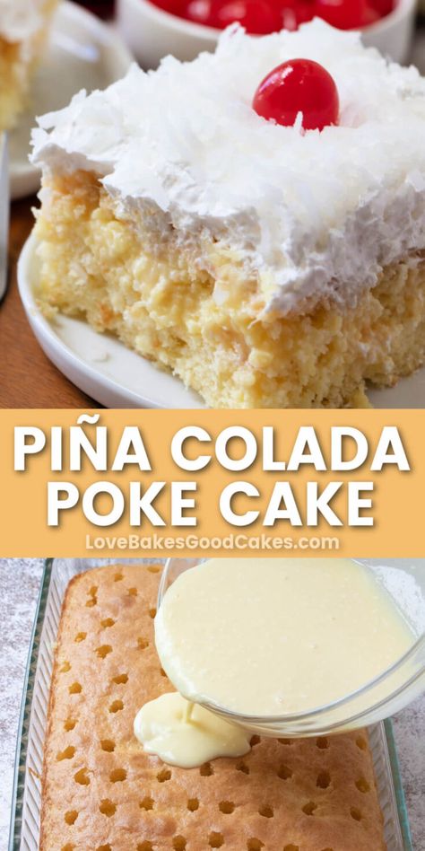 Pina Colada Poke Cake, Pina Colada Cake, Poke Cake Recipe, Pineapple Dessert Recipes, Pineapple Desserts, Coconut Cake Recipe, Poke Cake Recipes, Poke Cakes, Pineapple Coconut