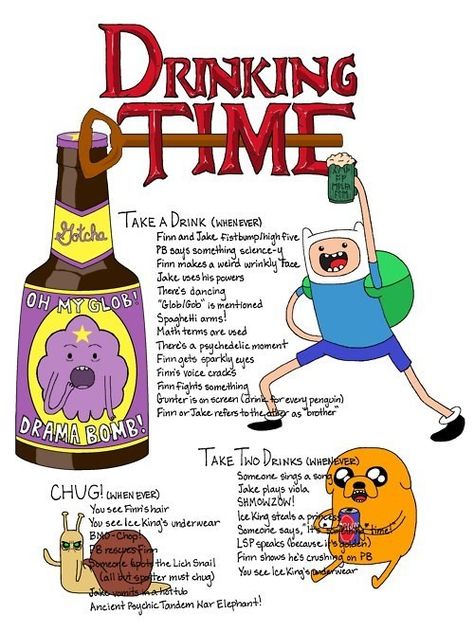 Adventure time drinking game funny junk.com Tv Show Drinking Games, Adventure Time Birthday Party, Movie Drinking Games, Adventure Time Birthday, Adventure Time Parties, Drunk Games, Drinking Games For Parties, Fun Drinking Games, Adventure Time Cartoon