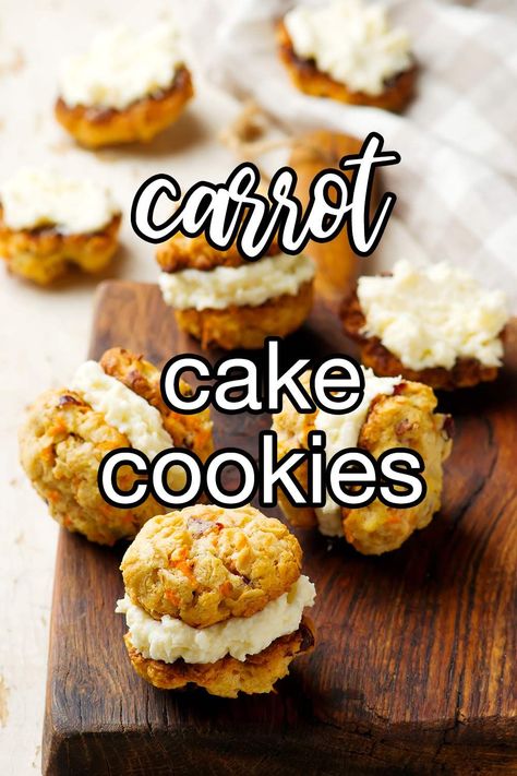 Carrot Cake Cookies - Carrot cake is a beloved American dessert. Carrot cake cookies with cream cheese filling are a delicious way to enjoy this classic flavor combination in a portable, bite-sized treat. | CDKitchen.com Carrot Cake Cookie Recipe, Cookies With Cream Cheese Filling, Carrot Cake Cookies Recipe, Cake Cookies Recipe, American Dessert, Cookies With Cream Cheese, Carrot Cake Cookies, Scratch Recipes, American Desserts