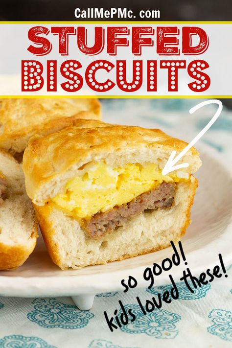 These Stuffed Biscuits are filled with sausage, egg, and cheese and make a delicious portable breakfast that kids love! It's simple and yummy comfort food! Portable Breakfast Ideas, Dollar Dinners, Stuffed Biscuits, Egg And Sausage, Bedtime Snack, Portable Breakfast, Frozen Biscuits, Breakfast Quick, Savory Breakfast Recipes