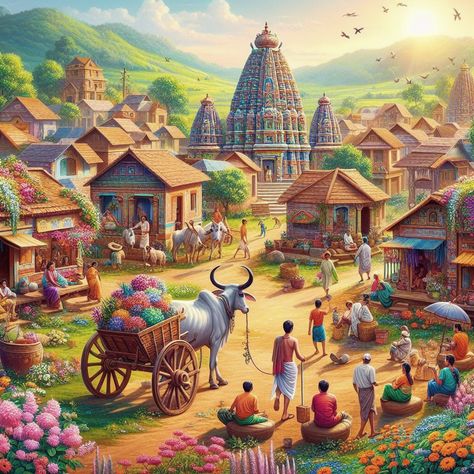 Village Culture Painting, Village Pics Indian, Village Life Painting Indian, Indian Village Drawing, Temple Art Indian, Village Photos Indian, Village Background Indian, Alakh Niranjan, Village Life Painting