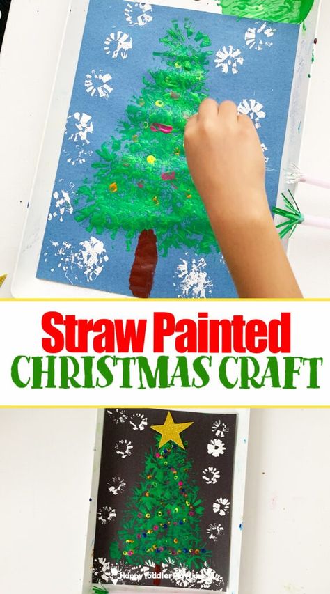 Straw Painted Christmas Tree Craft - Happy Toddler Playtime Crismas Tree, Painted Christmas Tree, Christmas Tree Craft, Straw Art, Straw Crafts, Kids Painting Crafts, Christmas Game, Tree Craft, Christmas Tree Art