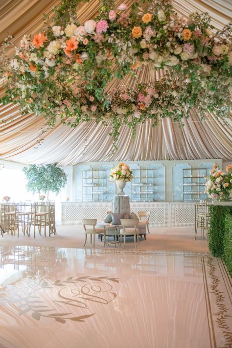 From watercolor wedding crests to latticework panels, we're giving these creative wedding bar ideas top marks for their equal parts confidence, beauty and function! Wedding Tent Ideas, Wedding Ceiling Decorations, Wedding Tent Decorations, Chandelier Centerpiece, Tent Ideas, Wedding Ceiling, Luxury Weddings Reception, Dance Floor Wedding, Tent Decorations