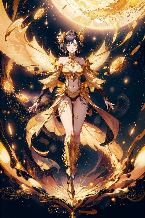 Anime Sun Goddess, Gold Character Art, Yellow Character Design, Sun Character Design, Sun Goddess Art, Desert Fairy, Air Goddess, Sun Fairy, Aries Constellation