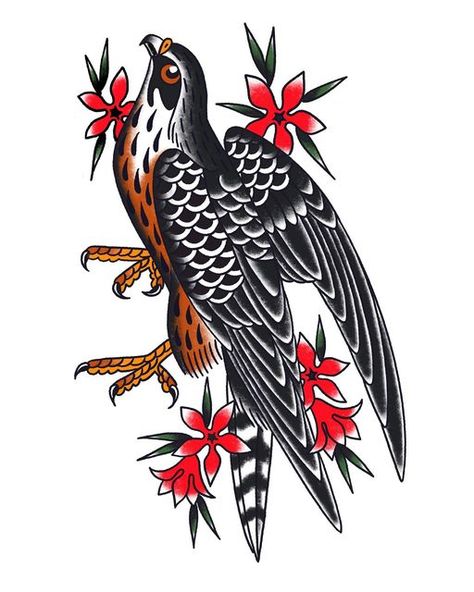 Peregrine Falcon Tattoo Traditional, Bird Tattoo Traditional Black, Old School Hawk Tattoo, Falcon Bird Tattoo, Traditional Forest Tattoo, Traditional Falcon Tattoo, American Traditional Hummingbird, Peregrine Falcon Tattoo, Roadrunner Tattoo