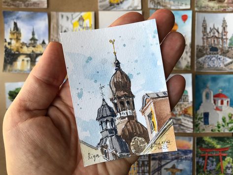 Latvian art ACEO Original watercolor Riga painting Mini artwork by AnaMuStudio by AnaMuStudio on Etsy Lisbon Art, Shipping Artwork, Art Mini Toile, Portugal Art, Lisbon Tram, Kunstjournal Inspiration, Mini Watercolor, Travel Art Journal, Watercolor Architecture