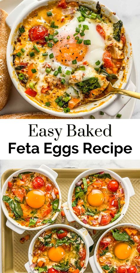 This wonderful baked feta eggs recipe is a delicious breakfast, brunch, or lunch. The combination of creamy feta, juicy tomatoes, bright vegetables, and a hearty egg makes for a satisfying meal. Tomato And Feta Baked Eggs, Quick Easy Egg Breakfast, Hearty Breakfasts, Diner Egg Recipes, Vegetarian Recipes With Eggs, Yummy Mediterranean Recipes, Eggs And Vegetables Breakfast, Over Easy Egg Recipes, Mediterranean Egg Bake