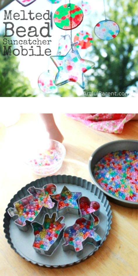 How to make a colorful mobile from melted plastic bead suncatchers -- such a fun craft to do with kids! These melted bead suncatcher shapes are durable, too Melted Bead Suncatcher, Bead Suncatchers, Bead Suncatcher, Jul Diy, Suncatcher Diy, Diy Baby Mobile, Melted Plastic, Navidad Diy, Crafty Kids