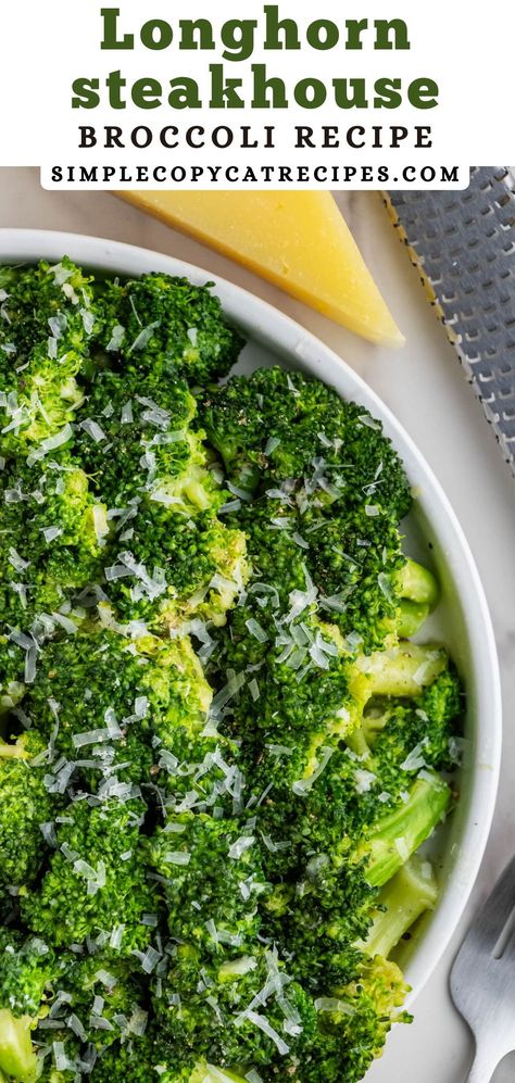 Looking to add some color to your dinner table? This copycat Longhorn Steakhouse Broccoli recipe is the answer! Fresh broccoli is cooked to a tender-crisp texture, smothered in a delicious garlic butter sauce, and topped with parmesan cheese. It's the perfect side dish for any meal. Best Seasoned Broccoli, Best Cooked Broccoli, Olive Garden Broccoli Recipe, Broccoli As A Side Dish, Best Baked Broccoli, Cook Fresh Broccoli On Stove, Veggie Sides For Burgers, Parm Broccoli Recipes, Fresh Steamed Broccoli