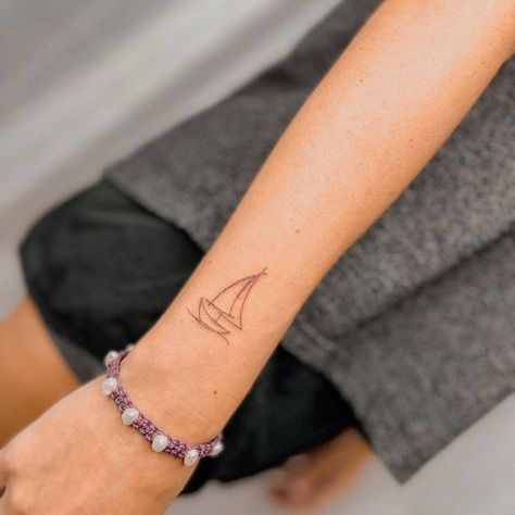 Sail Across The Sun Tattoo, Saul Boat Tattoo, Sunfish Sailboat Tattoo, Fineline Sailboat Tattoo, Small Sailboat Tattoo Simple, Fine Line Ship Tattoo, Sailboat Tattoo For Women, Fine Line Boat Tattoo, Sailing Tattoos For Women