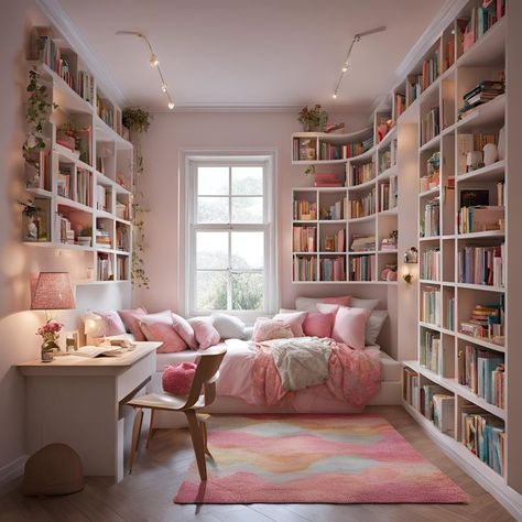 Book Bedroom Aesthetic, Book Lovers Bedroom, Pink Library, Cozy Home Library, Library Rooms, Home Library Rooms, Dream Bedroom Inspiration, Dream Library, Library Room