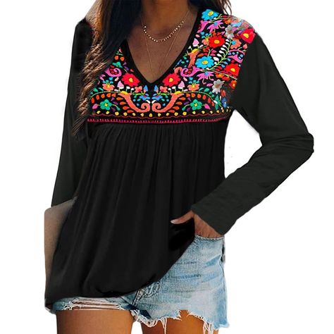 Folk Style Long Sleeve Peasant Top With Embroidered Hem, Multicolor Embroidered Long Sleeve Peasant Top, Colorful Embroidered Bohemian Peasant Top, Folk Style Embroidered Long Sleeve Peasant Top, Black Embroidered Folk Peasant Top, Mexican Peasant Blouse, Embroidered Tee Shirt, Floral Peasant Top, Embroidered Tops