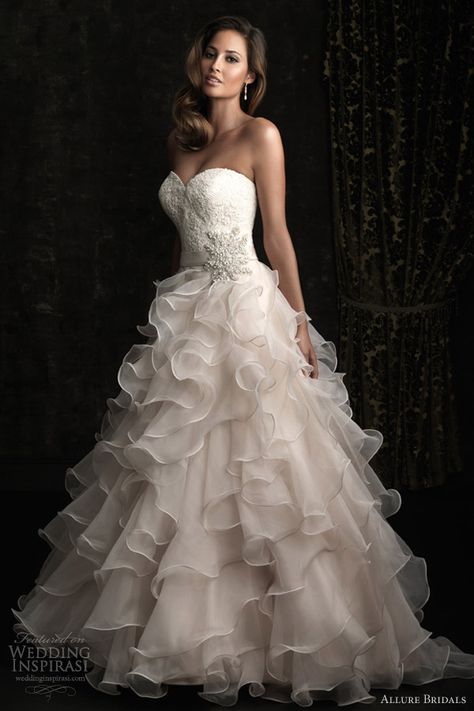 allure bridals wedding dress 8955 strapless ball gown ruffle skirt Discount Wedding Dresses, Floor Length Wedding Dress, Gaun Fashion, Organza Wedding, Allure Bridals, 2015 Wedding Dresses, Sweetheart Wedding Dress, A Wedding Dress, Allure Bridal