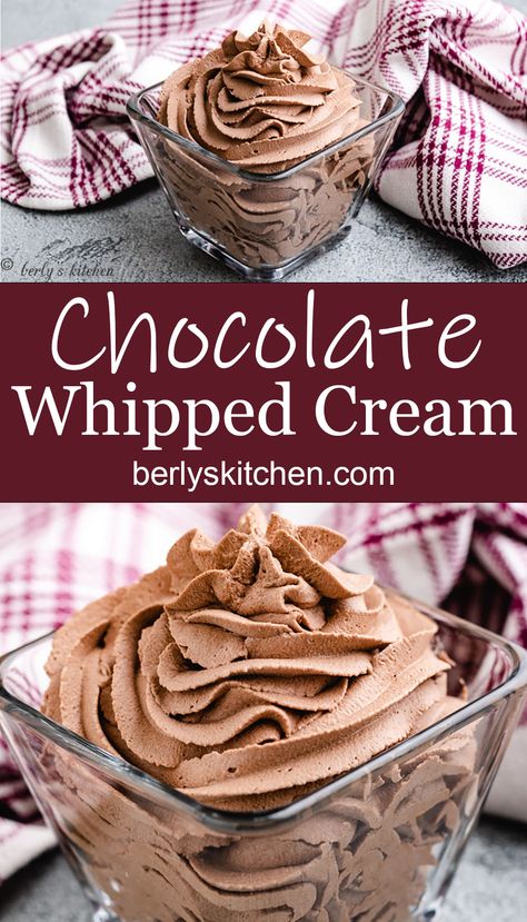 Chocolate Whipped Cream is a thick, dreamy dessert and drink topping that tastes like chocolate ice cream. This flavored whipped cream only takes 4 ingredients and 5 minutes to prepare. #berlyskitchen Cold Sweets, Chocolate Whipped Cream Frosting, Cake Mix Cupcakes, Whipped Cream Desserts, Black Color Hairstyles, Homemade Whipped Cream Recipe, Flavored Whipped Cream, Whipped Cream Recipe, Color Hairstyles