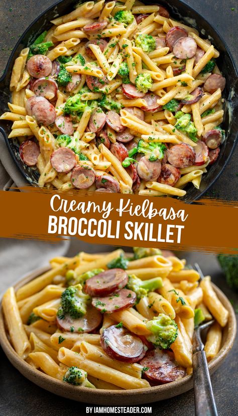 One image shows the pasta in a black skillet. The second image shows the pasta on a small beige plate with a silver fork. Kielbasa Broccoli, Creamy Kielbasa, Kilbasa Sausage Recipes, Kielbasa Skillet, Kabasa Recipes, Broccoli Skillet, Smoked Sausage Recipes, Kielbasa Recipes, Cheddar Cheese Sauce