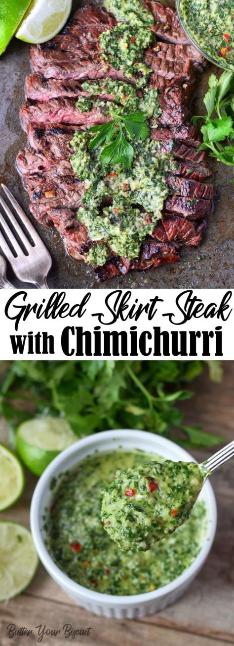 Grilled skirt steak and chimichurri Steak And Chimichurri, Skirt Steak With Chimichurri, Steak With Chimichurri, Skirt Steak Recipes, Grilled Recipes, Grilled Skirt Steak, Chimichurri Recipe, Grilled Steak Recipes, Savory Food