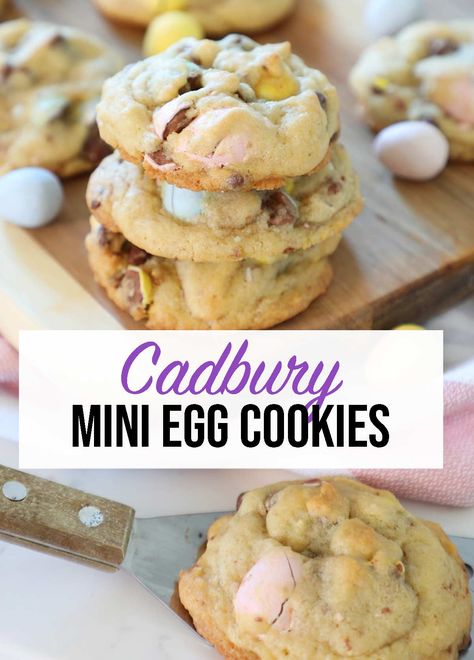 The perfect cookie for Easter with Cadbury mini eggs and chocolate chips. This cookie is soft yet chewy with a crunch from the mini eggs. An easy Easter dessert. Cadbury Egg Cookies, Mini Egg Recipes, Cadbury Cookies, Cadbury Mini Egg Cookies, Mini Egg Cookies, Cadbury Mini Eggs, Rolo Cookies, Mini Eggs Cookies, Easy Easter Treats