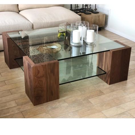 Solid Walnut and Glass Coffee Table by Angel City Woodshop seen at Private Residence, Hermosa Beach | Wescover Glass Coffee Table Decor, Glass Wood Table, Glass Table Living Room, Coffee Table Designs, Glass Table Decor, Centre Table Living Room, Coffee Table Arrangements, Center Table Living Room, Coffee Table Design Modern