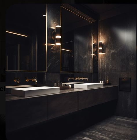 Black Luxury Bathroom, Luxury Black Bathroom, Dark Modern Bathroom, Condo Bathroom, Bathroom Design Styles, Wc Design, Bathroom Design Black, House Main Gates Design, New House Bathroom