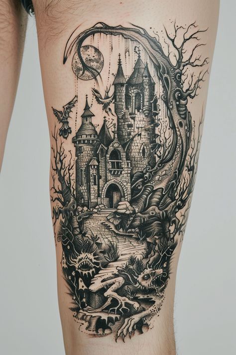 Dark Princess Tattoo, Dark Beauty And The Beast Tattoo, Mythical Sleeve Tattoo, Castle And Dragon Tattoo, Warrior Fairy Tattoo, Spooky Fairy Tattoo, Castle Chest Tattoo, Scary Fairy Tattoo, Archi Tattoo