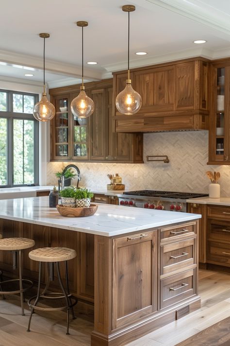 Backsplash Kitchen With Wood Cabinets, Vintage Wood Cabinets Kitchen, Home Cabinets Ideas, Walnut And Brass Kitchen, Kitchens With Walnut Cabinets, Kitchen Cabinet Stain Color Ideas, Mid Tone Wood Kitchen Cabinets, Wood Kitchen Cabinets 2024, Trending Kitchen Cabinets 2024