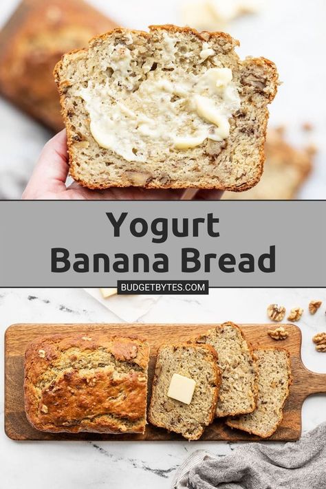 This super moist banana bread recipe uses plain yogurt to keep the bread soft and tender with less butter or oil. Add walnuts or even chocolate! Pop over to our site for the recipe! | bread recipes | breakfast and brunch | easy snacks | Vanilla Greek Yogurt Banana Bread, Banana Bread Recipe With Yogurt Healthy, Banana Bread Olive Oil, Cooking Light Banana Bread Recipe, Banana Bread Made With Yogurt, Banana Bread Recipe Moist Healthy, Banana Bread Yogurt Recipe, Yogurt Banana Bread Recipe, Yogurt And Banana Recipes