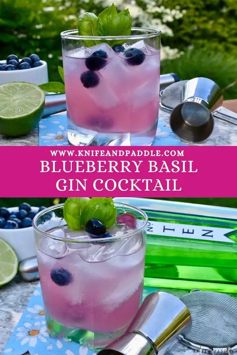 Blueberry Basil Cocktail, Blueberry Gin Cocktail, Basil Gin Cocktail, Gin Mixed Drinks, Pear Gin, Basil Drinks, Matcha Cocktail, Blueberry Cocktail, Blueberry Basil