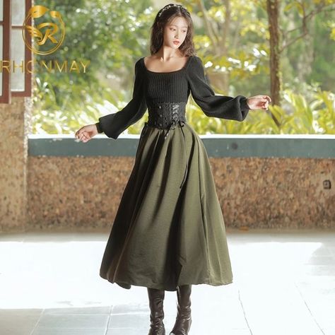 maxi dress set Elfcore Outfits, Medieval Outfit Women, Sweater Corset, Casual Fantasy Clothing, Medieval Outfit, Knitted Two Piece, Skirt Matching Set, Knitted Sweater Dress, Vintage England