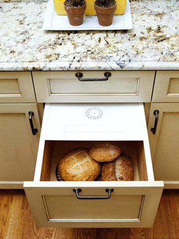 I want this!  Fresh Bread  An old-fashioned bread drawer with a ventilated lid keeps loaves fresh and provides a convenient storage spot. If you don't have cabinet storage space for a bread drawer, consider a retro-inspired breadbox. The box still keeps bread bakery-fresh, but doesn't take up valuable kitchen cabinet space. Kitchen Island Storage Ideas, Bread Drawer, Shallow Pantry, Kitchen Island Storage, Island Storage, Kitchen Storage Ideas, Bread Bakery, Bread Storage, Store Food