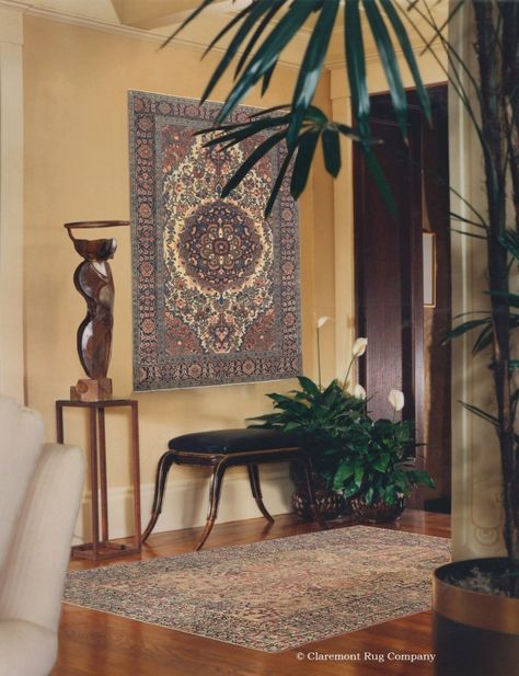 The Ferahan Sarouk on the Wall and the Laver Kirman Antique Carpet on the Floor Heighten Each Other’s Charm http://www.claremontrug.com/client-home-interiors-design/rugs-on-wall-and-floor/ Fabric Wall Decor, Art Deco Living Room, Global Decor, Interior Design Rugs, Rug Wall Hanging, Wall Rug, Natural Area Rugs, Interior Wall Design, Wall Carpet