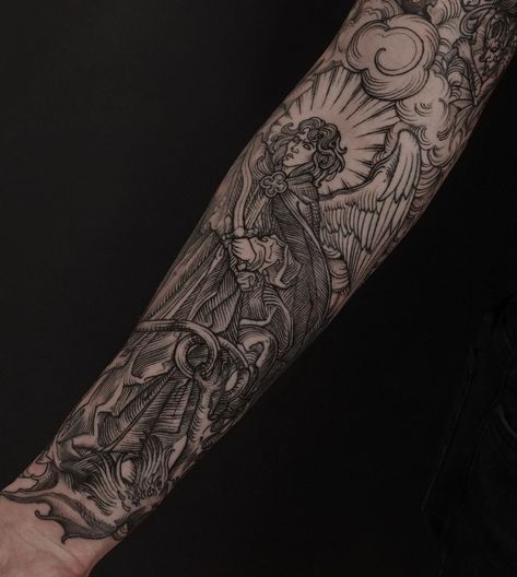 Engraving Tattoo Sleeve, Medieval Back Tattoo, Etching Tattoo Sleeve, Woodcut Tattoo Sleeve, Battle Tattoo, Apocalypse Tattoo, Mens Body Tattoos, Cute Halloween Tattoos, Word Tattoo Ideas