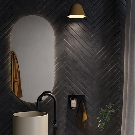 Merola Tile Phoenix Charcoal 1-7/8" x 17-3/4" Porcelain Floor and Wall Tile - Bed Bath & Beyond - 40267885 Charcoal Bathroom, Decorating Bathrooms, Decor Bathroom Ideas, Black Wall Tiles, Black Tile Bathrooms, Remodeling Bathroom, Black Backsplash, Dark Tile, Merola Tile