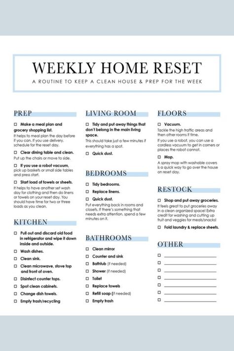 ✨ Weekly Home Reset ✨ Refresh and reset your space with a simple weekly routine. Declutter, clean, and reorganize to keep your home feeling cozy and stress-free all week long. 🧹✨ Perfect for staying on top of things and creating a calm, welcoming atmosphere. #WeeklyHomeReset #HomeOrganization #CleanAndCozy #ClutterFreeLiving #HomeRoutine Reset Week Routine, New Home Cleaning Checklist, Week Reset Routine, Sunday Cleaning Routine, Sunday Reset Cleaning, Organizing Checklist, Home Reset, Weekly Reset, Household Cleaning Schedule