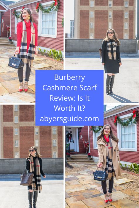 Back To Basics: Burberry Cashmere Scarf Review: Is It Worth It? | Burberry Half Mega Check Cashmere Scarf | How to style the Burberry scarf | Burberry scarf with black dress | Burberry scarf  with red top | Burberry scarf  with tan coat | Burberry scarf outfit Burberry Cashmere Scarf Outfit, Burberry Cashmere Scarf, How To Wear Burberry Scarf, Burberry Shawl Outfit, Lightweight Scarf Outfit, Burberry Scarf Outfit Winter, Check Scarf Outfit, Cashmere Scarf Outfit, Wool Scarf Outfit