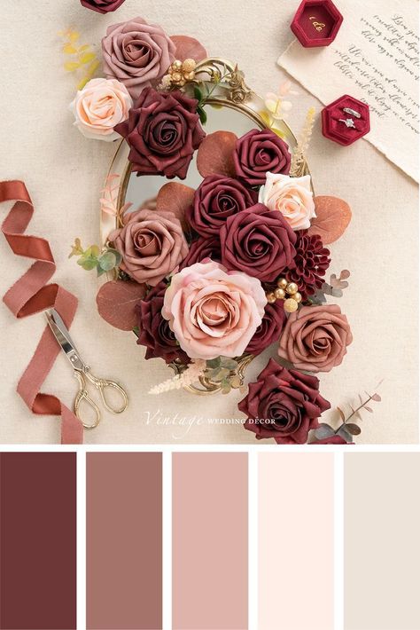 Dusty Rose Wedding Colors, Dusty Rose Wedding, Color Schemes Colour Palettes, Summer Color Palette, Wedding Theme Colors, Color Palate, Burgundy Flowers, Color Palette Design, Wedding Color Palette