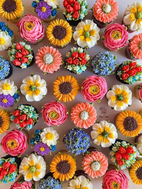 Flora Themed Party, Wedding Dessert Table Colorful, Flower Theme Centerpieces, Flower Inspired Food, Wild Flower Wedding Cupcakes, Bright Flower Cupcakes, Love Is In Bloom Cupcakes, Wildflower 1st Birthday Party Food, Bakery With Flowers