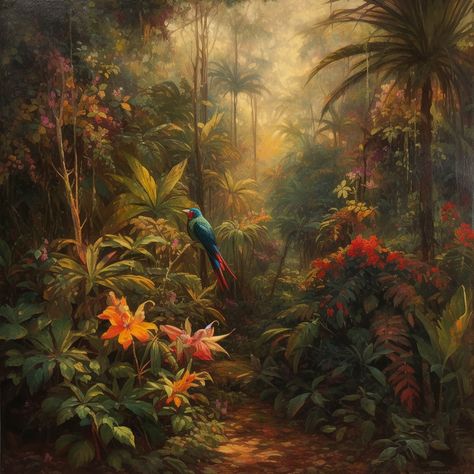 Jungle Images, Wallpaper Jungle, Paradise Painting, Jungle Painting, Jungle Photography, Jungle Birds, Jungle Life, Jungle Flowers, Drawing Vintage