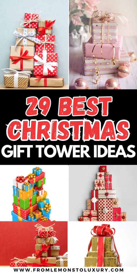 29+ Best Christmas Gift Tower Ideas That Will Impress Your Loved Ones Christmas Gift Tower For Kids, Reindeer Presents Tower, Christmas Present Tower, Gift Tower Ideas, Snowman Gift Tower, Christmas Gift Tower, Diy Snowman Gifts, Christmas Gifts For Adults, Gift Boxes Decoration