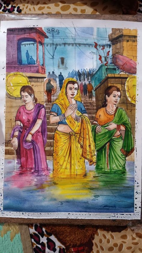 Watercolor Paintings With Human Figures, Water Colour Composition Drawing, Landscape With Human Figure Painting, Watercolour Composition Painting, Chat Puja Drawing, Figure Composition Watercolor, Memory Drawing Watercolor Painting, Human Figure Composition Painting, Composition Painting Watercolour