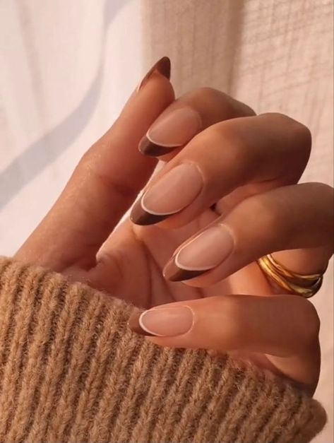 Nail Ideas Oval French Tip, Birthday Nails Almond Scorpio, Oval Nail Inspo Aesthetic, Oval French Tip Nails Fall, Cinnamon Nail Design, Nails For Brown Hands, Modern French Nail Designs, Brown Hoco Nails, Oval Nail Inspo Acrylic