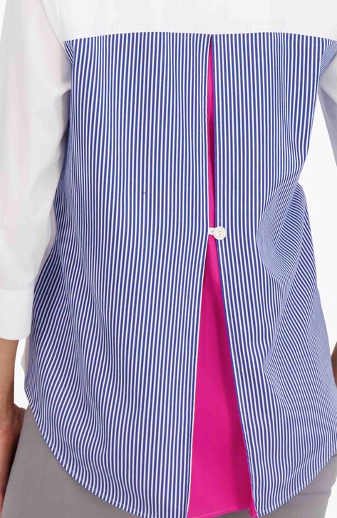 An inverted back pleat flares the profile of this cotton-blend shirt designed with striped blocking at the back and a captivating peekaboo pop of pink. 28 1/2" length Front button closure Spread collar Three-quarter sleeves with button cuffs 65% cotton, 30% polyester, 5% spandex Machine wash, line dry Imported Geometric Fashion, Upcycle Shirt, Exaggerated Sleeves, Couture Sewing, Stripe Shirt, Stylish Dress Designs, Sleeves (women), Upcycle Clothes, Sewing Clothes