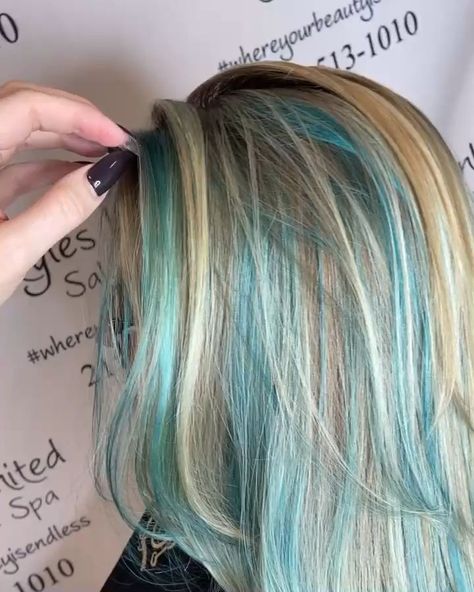 Blue Hair Highlights Blonde, Highlights Blue Hair, Blonde Hair With Blue Highlights, Hair With Blue Highlights, Aqua Hair Color, Teal Hair Highlights, Green Hair Streaks, Blonde Hair With Blue, Hair Highlights Blonde