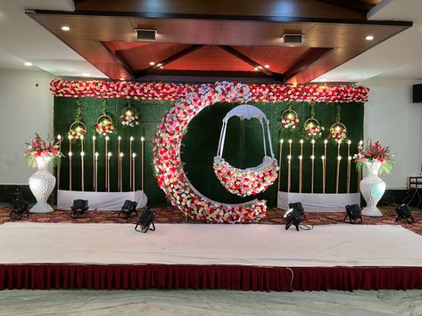 Cradle Ceremony Decorations, Stage Decoration Photos, Cradle Decoration, 21st Decorations, Naming Ceremony Decoration, Engagement Stage Decoration, Reception Stage Decor, Simple Stage Decorations, Cradle Ceremony